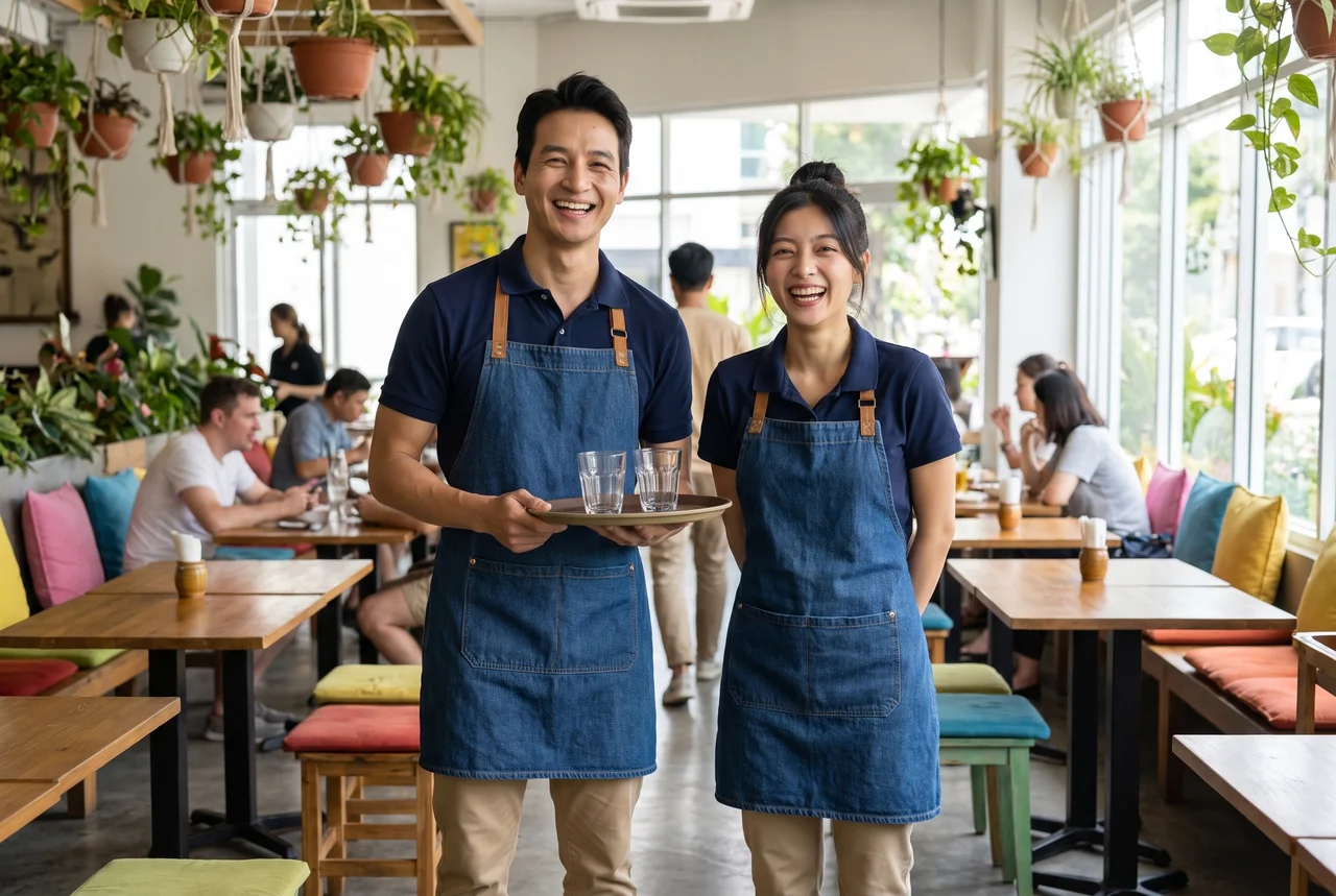 Mẫu đồng phục quán cafe màu xanh đen phối tạp dề