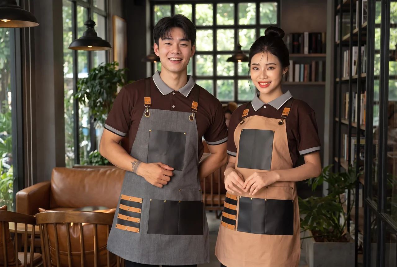 Đồng phục quán cafe màu nâu và be