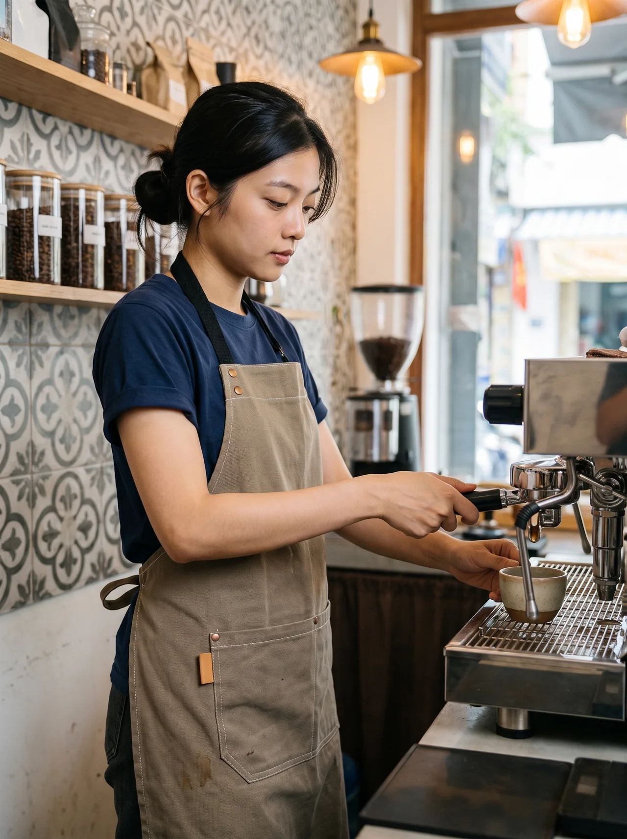 Mẫu đồng phục barista quán cafe phối áo và tạp dề có túi