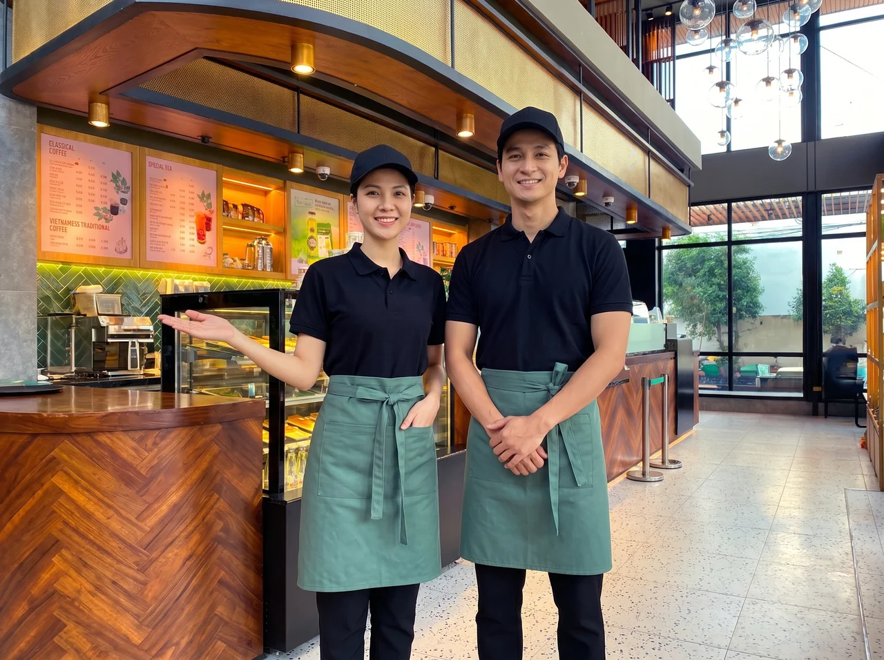 áo đen phối tạp dề xanh cho quán cà phê