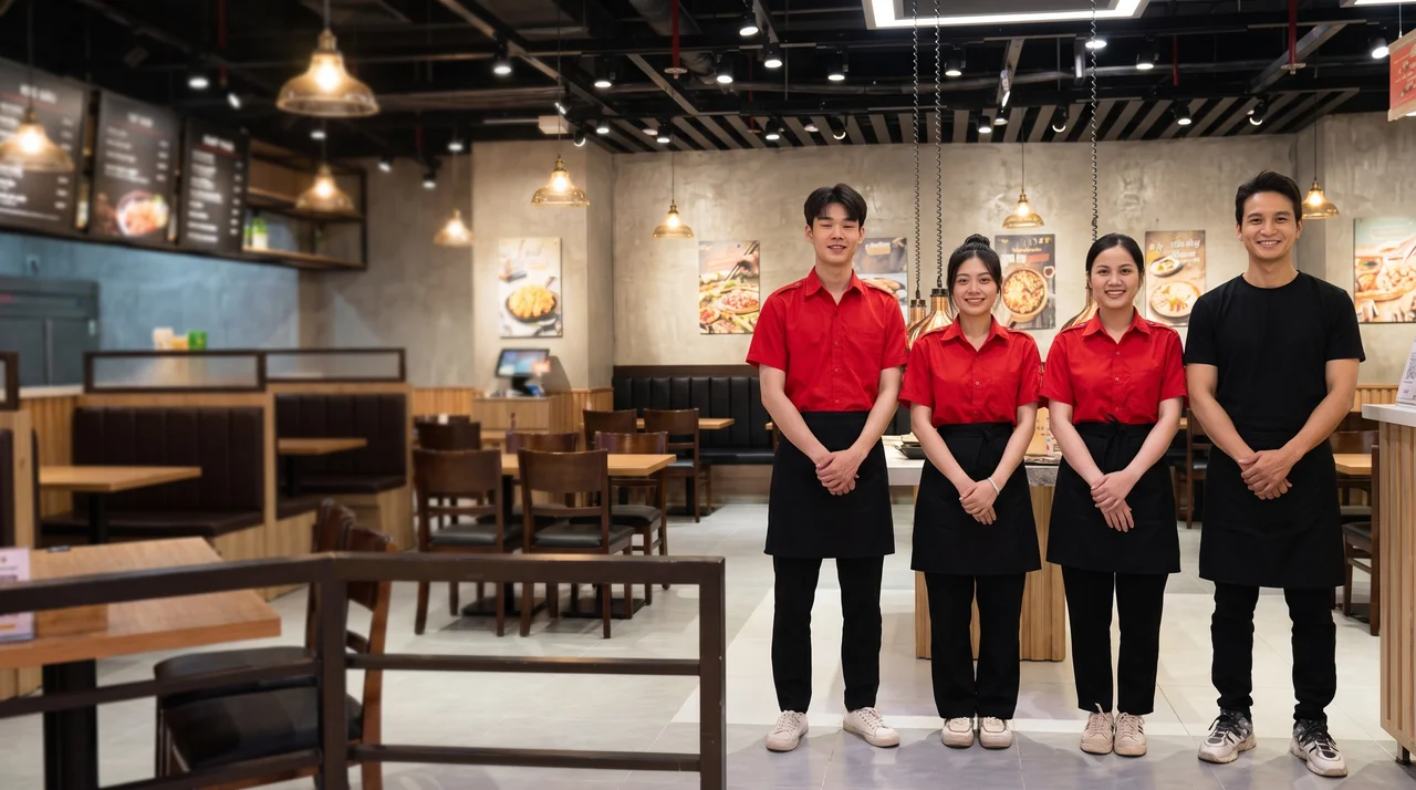 Mẫu áo sơ mi đồng phục quán cafe phối tạp dề thanh lịch