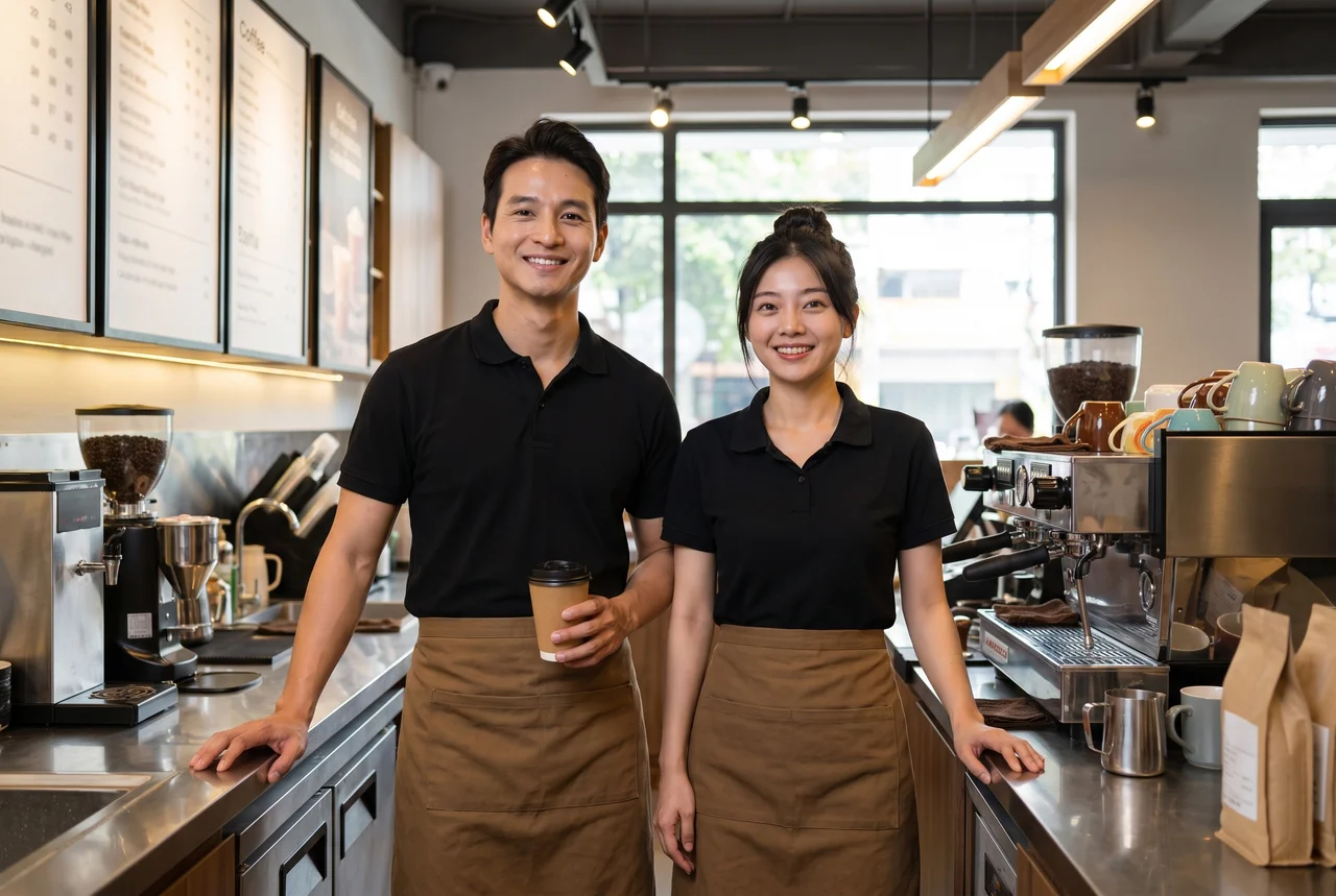 Bộ đồng phục quán cafe phối áo và tạp dề