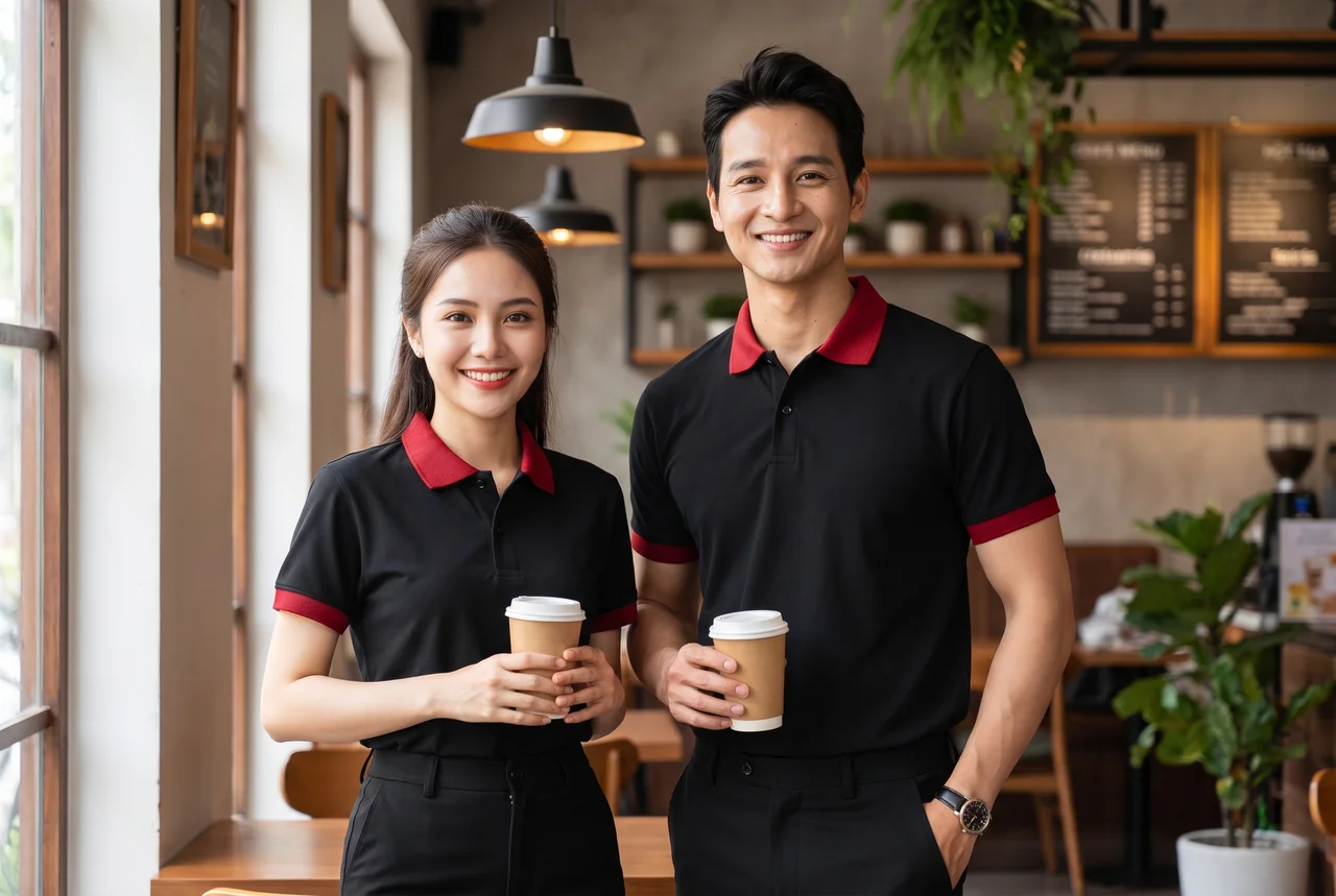 Mẫu đồng phục quán cafe phong cách tối giản với áo trơn và tạp dề